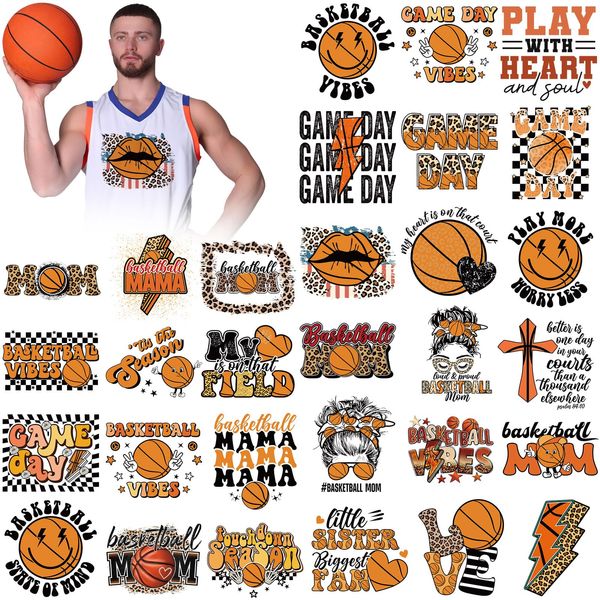 Zhanmai 30 Pcs Basketball Iron on Transfers Vinyl Iron on Decal Retro Ball Sport Iron on Patches Heat Transfers Sublimation Transfers Ready to Press for T Shirts Jacket Bag Hat DIY Sticker