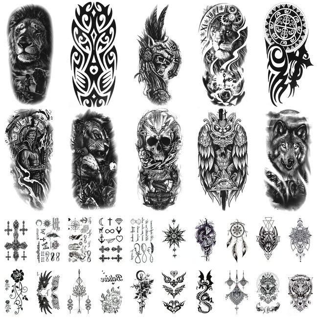 URAQT Temporäre Tattoos, Schwarz Temporäre Aufkleber, 10 Blätt Große Männer Tattoo mit 20 Blätt Klein Tattoos, Wolf Tiger Eule Wasserfest Tattoo, Temporary Fake Tattoos für Frauen Arm Brust Bein