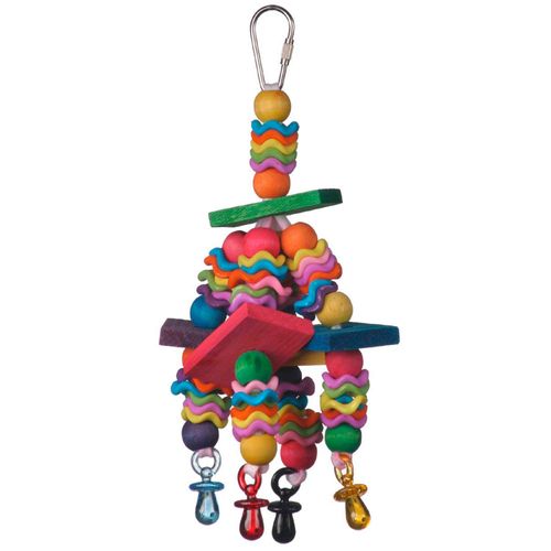 Super Bird Creations SB736 Wiggles and Wafers Bird Toy - Interactive Enrichment for Parrots, Quakers, Caiques, Pionus, Senegals - Wooden, Acrylic Beads, Pacifiers - Medium Bird Size, 3” x 5” x 9”