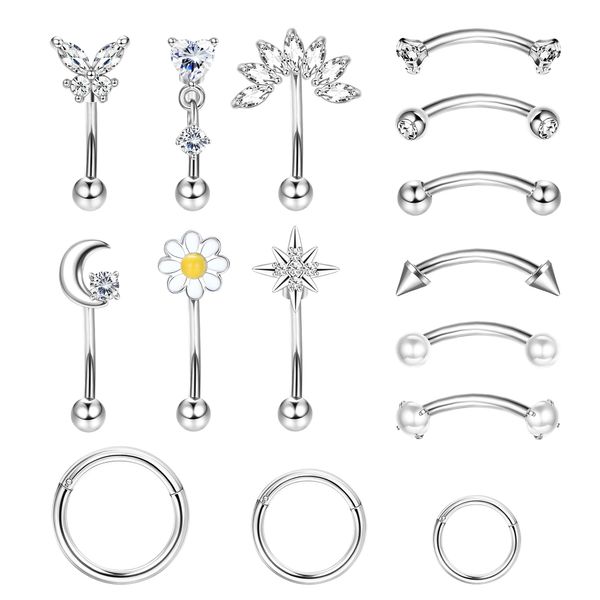 JOERICA 15 Pcs 16G Rook Piercing Jewelry Curved Eyebrow Rings Stainless Steel Butterfly Heart Moon Flower Barbell CZ Belly Lip Rings Cartilage Hoop Rook Daith Earrings Tragus Body Piercing Jewelry