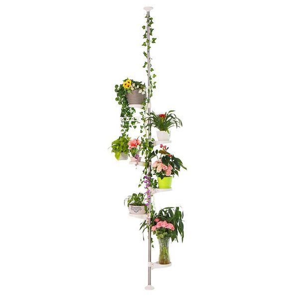 Baoyouni 7-Layer Indoor Plant Stands Spring Tension Pole Metal Flower Display Rack Space Saver Corner Floral Pot Hanger Shelf, Ivory