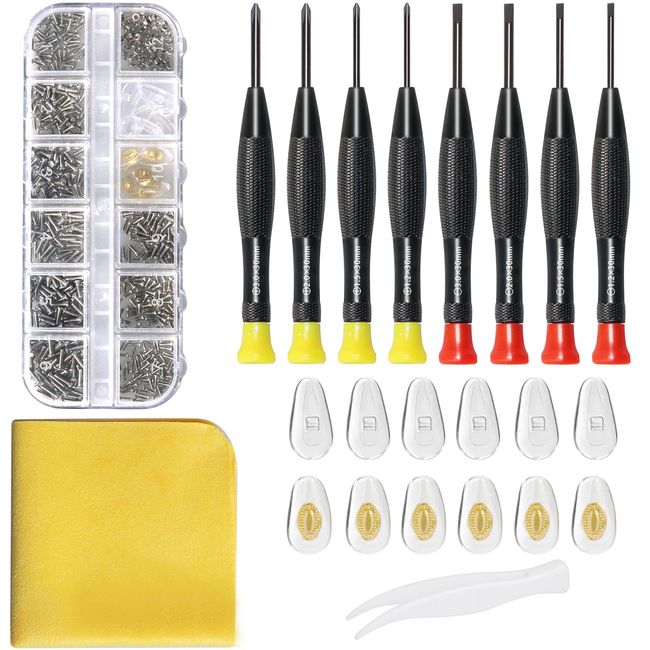 Eyeglass Repair Kit with Glasses Screws - Contains Precision Screwdriver kit and Nose Pads, Cleaning Cloth, Tweezers, Complete Glasses Repair Kit