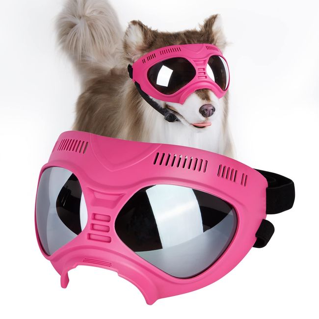 Ownpets Anti-UV Hundebrille, Sonnenbrille, Hund Fliegerbrille für Mittlere und Große Hunde, Winddicht, Verstellbar, Rosa Rahmen mit Silber Linse