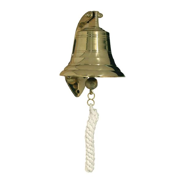 Schooner Co. Solid Polished Brass 4" Nautical Ship Bell Replica with Hinged Hanging Bracket and Braided Rope Clapper Handle