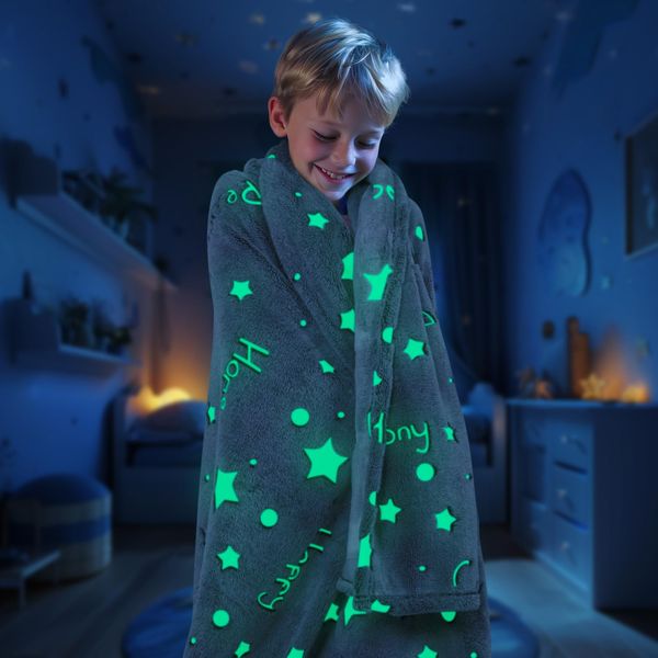 Glow in The Dark Throw Blanket,Super Soft Cozy Furry Plush Fleece Blanket Decorated with Stars and Words of Healing, Birthday Gift for Girls Boys Kids Teens Grandkids Toddler, Gray,50"x 60"