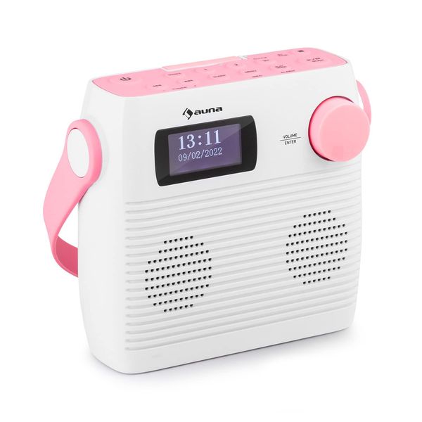Auna Splash Shower Radio, DAB Radio, BT DAB+/UKW IPX4, DAB+ Radio with USB Port Headphone Jack USB-C Battery, Digital Radio, white-pink