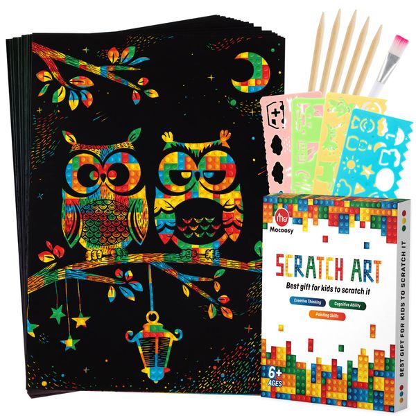 Mocoosy 60 Pcs Scratch Art Paper for Kids, Rainbow Magic Scratch Off Paper Sheets Set, Black Scratch Pads Note Arts and Crafts Kit for Kids Party Games Activities Christmas Birthday Gift for Ages 3-12