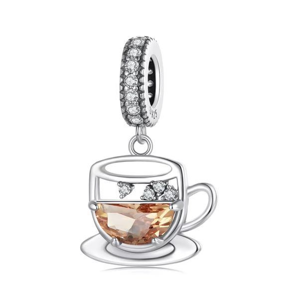 Coffee Cup Dangle Charm Genuine 925 Sterling Silver Compatible With Pandora Bracelet