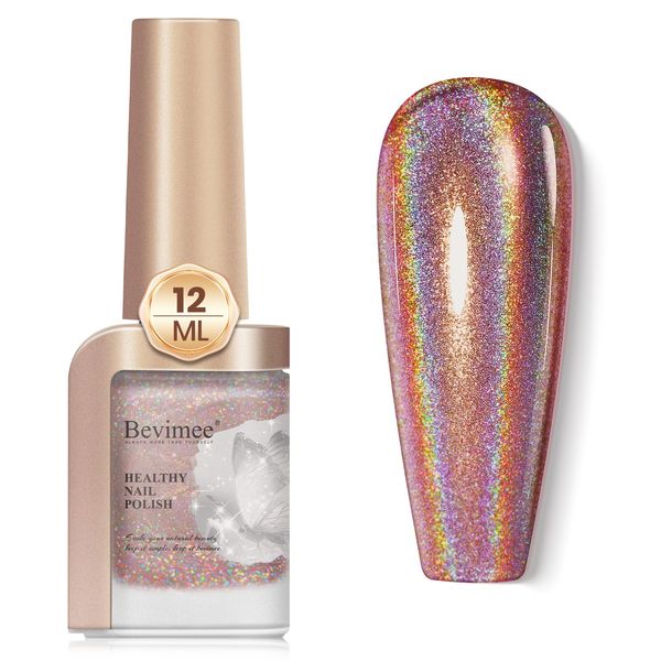 Bevimee Holographic Nail Polish 12ML Fast Drying Iridescent Chameleon Sparkly Nail Polish Rainbow Effect Shimmer Glitter Nail Polish Dark Brown Holo Nail Lacquer Polish Nail Art-No Require Cured 1PCS