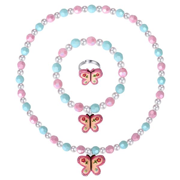 Girls Colorful Butterfly Jewelry Set - Toddler Butterfly Necklace Girls Pretend Plasy Toy Jewelry Box Set with Bead Necklace, Bracelet and Ring - Play Accessories - Ages 3+ Girl Birthday Gifts