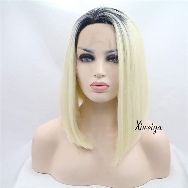 xiweiya Ombre Blonde 613# Color with Dark Root Short Bob Wig Side Part Heat Resistant Fiber Synthetic Lace Front Wigs For Women Short Haircut Hand Tied Replacement Full Wig