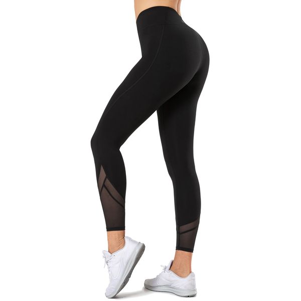 Yvette Sport Leggings Damen high Wasit mit Mesh, 72F Faser Blickdicht Sporthose Yogahose, Schwarz, L