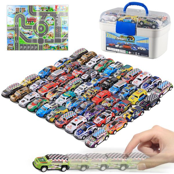 Mostop 50PCS Pull Back Cars,Toys for 3 Year Old Boys Girls, Push and Go Toy Race Car Vehicle with Storage Box, Friction Power Diecast Kids Toy Mini Cars for 3+ Years Old,Best Gifts for Party Birthday