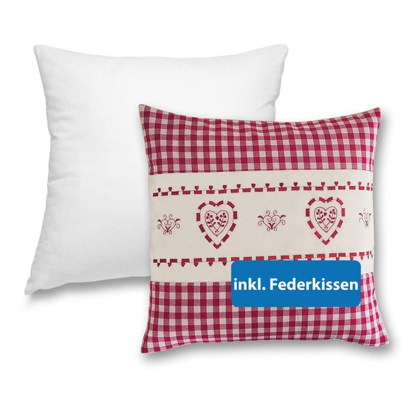 wometo Cushion Cover 40 x 40 cm Heart Red with Feather Cushion Filling OekoTex Zip Country House Style Decorative Cushion Sofa Cushion Stick Checked Light Background