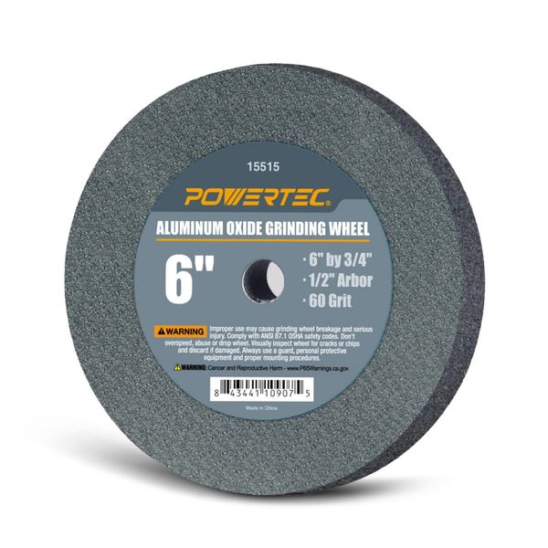 POWERTEC 15515V Bench and Pedestal Grinding Wheels, 6 Inch x 3/4 Inch, 1/2 Arbor, 60 Grit, Aluminum Oxide Bench Grinder Wheel for Bench Grinder, 1 Pack