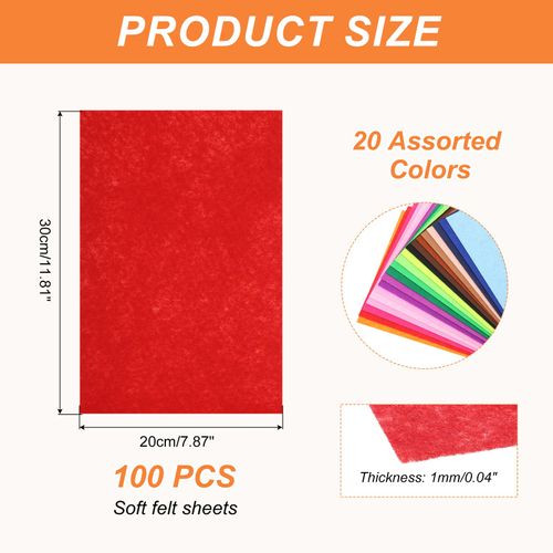 MECCANIXITY Felt Square Shape Craft Felt Sheets 7.87Inch x 7.87Inch for Home Decor Party Crafting Art, 20 Colors, Pack of 100