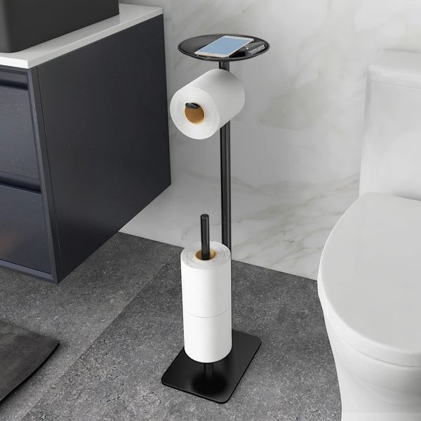 FEILERN Toilet Paper Holder Stand for Bathroom Floor Standing Toilet Roll Dispenser Storages 4 Reserve Rolls, with Top Storage Shelf for Cell Phones, Wipe, Wallet and More(Black)