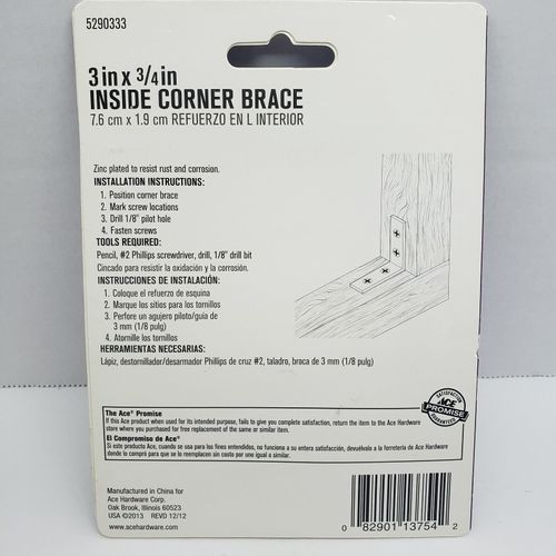 ACE  Inside Corner Brace  4 Pack Zinc  3" x 3/4"    #5290333