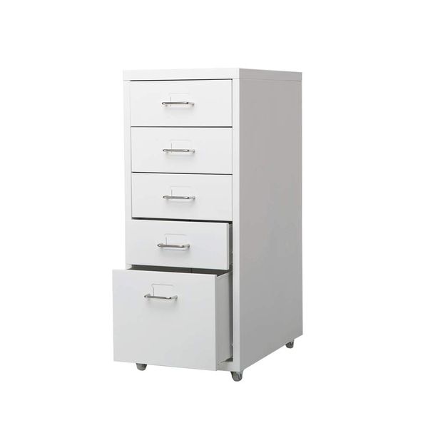 Panana 5 Drawer Mobile File Cabinet Lockable Vertical Metal Office Filing Storage Unit with Rolling Wheel D 41 x W 58 x H 69cm (White)