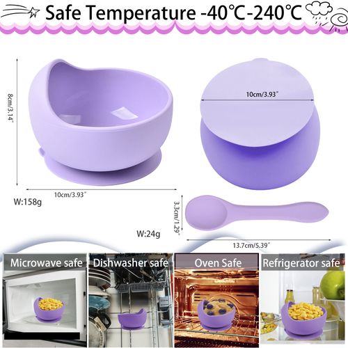 Delven Baby Bowls Spoons for Feeding,Silicone Toddler Weaning Bowls Set Purple with Suction BPA Free Non Slip Easy to Clean Cutlery Tableware Set for Children Infant Girls,Microwavable Dishwasher Safe