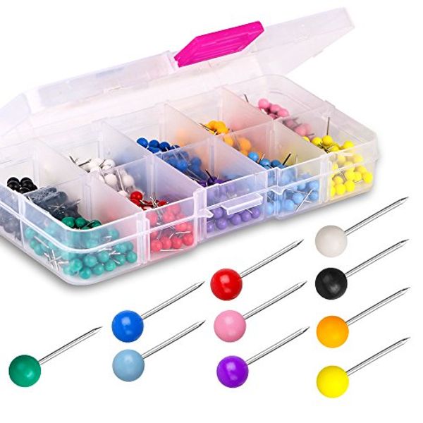 Yalis Push Pins 600-count Map Tacks Marking Pins 1/8-Inch Plastic Beads Head, 10 Assorted Colors