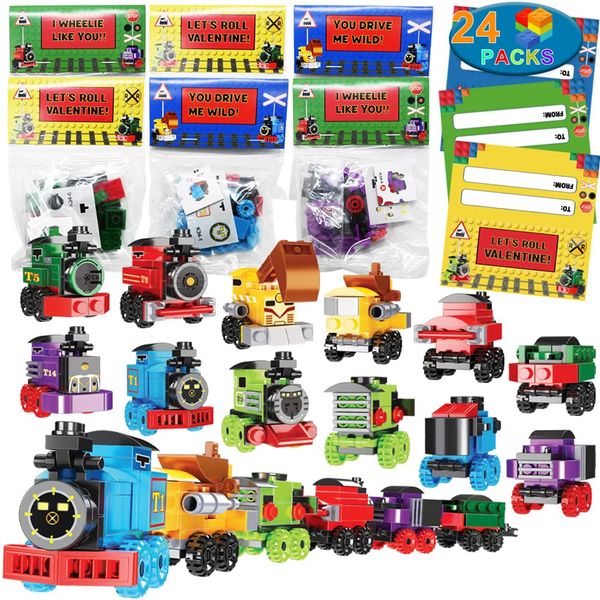 24 Packs Train Building Blocks with Valentines Gift Cards, 6 in 1 Train Building Blocks Sets for Boys Girls Goodie Bags Carnival Prizes Birthday Supplies, Classroom Exchange Prize, Valentine Party