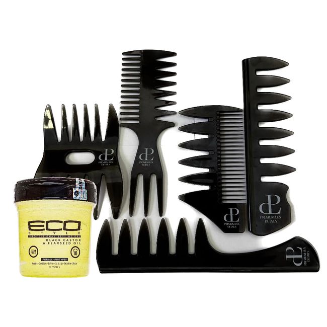 Premium Lux Details (5 Pieces Classic Vintage Pomade Comb set Bundle with Eco Style Gel, Adds Shine and Tames Split Ends, Delivers Moisture to Scalp, Nourishes and Repairs. (Black Castor, 8oz)