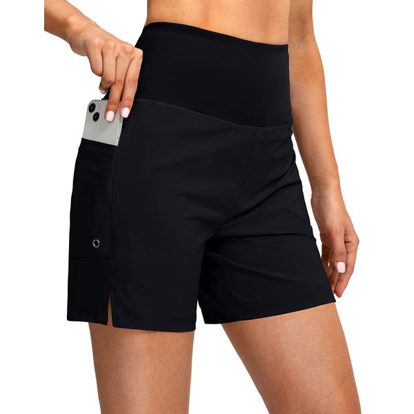 G Gradual Women's 5" High Waisted Swim Board Shorts with Phone Pockets UPF 50+ Quick Dry Beach Shorts for Women with Liner(Black, Large)