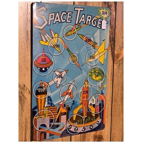 Vintage 1960’s SPACE TARGET Tin Litho Dart Game Board