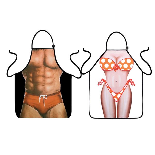 VIPbuy Set of 2 Pcs Novelty Aprons with 3D Muscle Man & Bikini Woman Funny Kitchen Aprons Waterproof Sexy Pinny Apron Adjustable Cooking Aprons for Couples BBQ Gifts