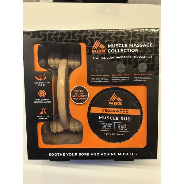 NEW RBX Muscle Massage Collection. 4 Wheel Body Massager & 6.76 Fl Oz Muscle Rub