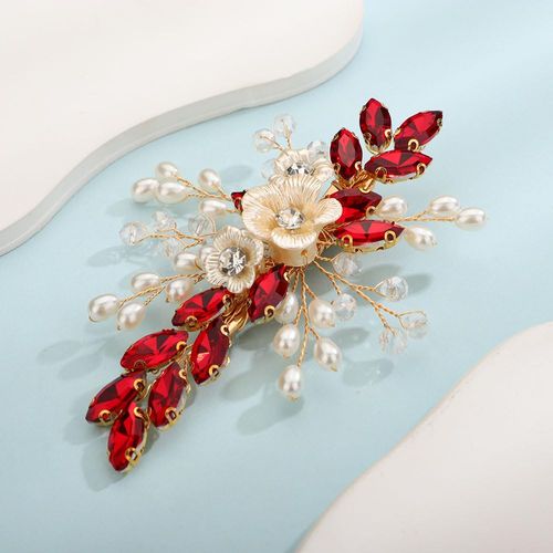 Teyglen Crystal Bridal Hair Clip Wedding Flower Red Rhinestone Hair Clips Handmade Pearls Crystal Hair Pieces Barrette Wedding Hair Accessories for Bride Floral Flower Headpieces for Women Girls (Red)