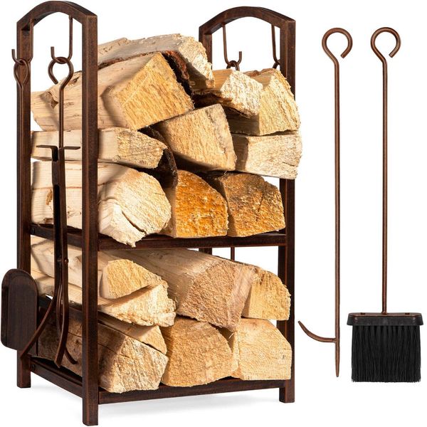 5 Piece Fireplace Log Rack And Tools Set With Poker Broom Shovel Tongs Bronze