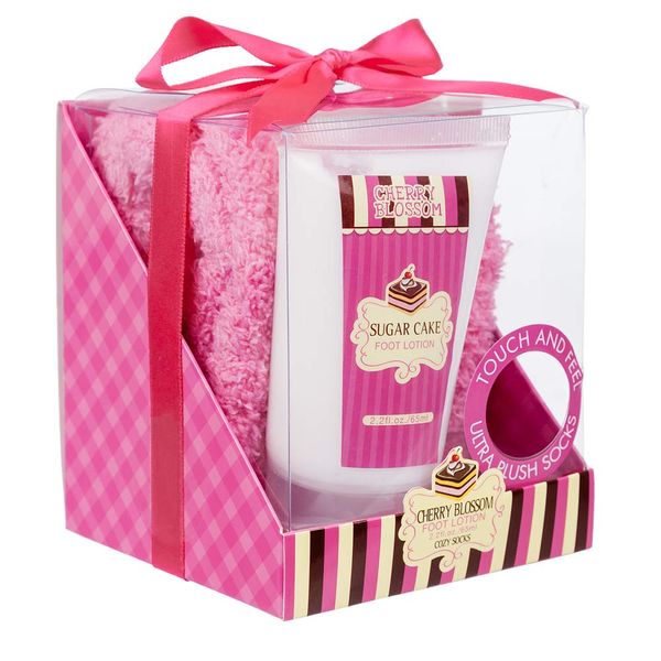 2 Piece Ladies Relaxing Cherry Blossom Gift Set Includes Foot Lotion and Ultra Plush Cosy Socks - Complete with a Pink Gift Box and Bow Ribbon