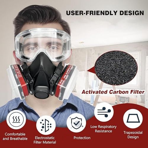 ANUNU Respirator Mask with Filters, Reusable Dust Respirator with Safety Glasses for Painting, Gases, Dust, Chemical, Organic Vapors, Epoxy Resin