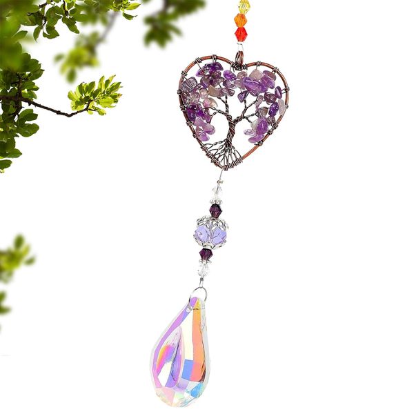 Amethyst Horseshoe Tree of Life Hanging Ornament,Heart-Shaped Tree of Life Tandem Natural Quartz Gemstone Pendant Rainbow,Reiki Stones Feng Shui Crystals Home Window Wall Art Good Luck Wedding Decor