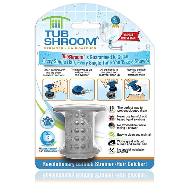 TubShroom Tub Drain Protector Hair Catcher Strainer Snare Silicone Grey Standard