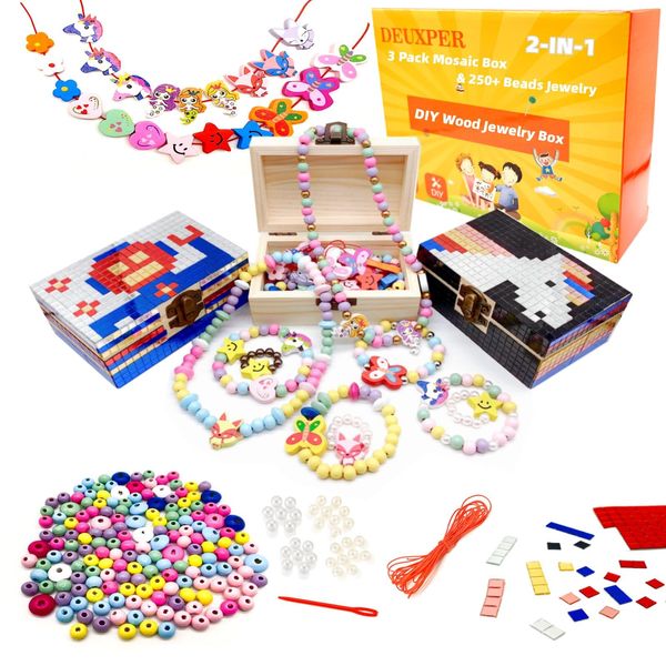 DEUXPER DIY Mosaic Jewelry Box & Beads Bracelets for Kids Ages 8-12, Crafts for Girls 6-8 9 10 11 Year Old, Girls Toys 10-12, Arts and Crafts for Kids, 7 Girl Birthday Gift