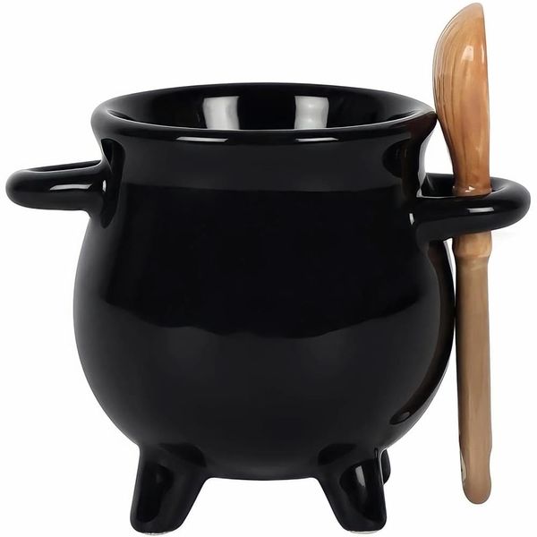 Something Different Adorable Black Cauldron Egg Cup with Broom Spoon - 6.5cm x 9cm x 6.5cm (1 Pc.) - Witchy, Fun & Unique Design - Perfect Novelty Kitchen Accessory Gift