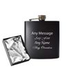 Engraved 6oz Black Hip Flask - Any Name, Message, Font - Silver Satin Gift Box