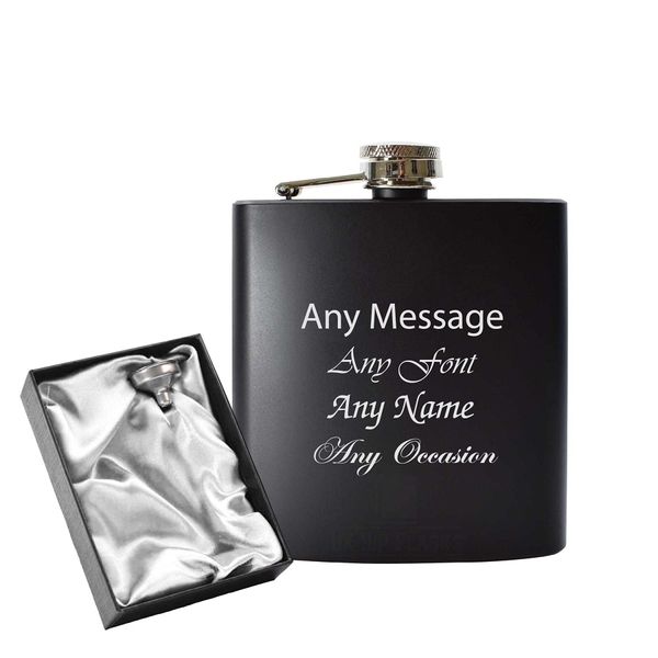 Engraved 6oz Black Hip Flask - Any Name, Message, Font - Silver Satin Gift Box