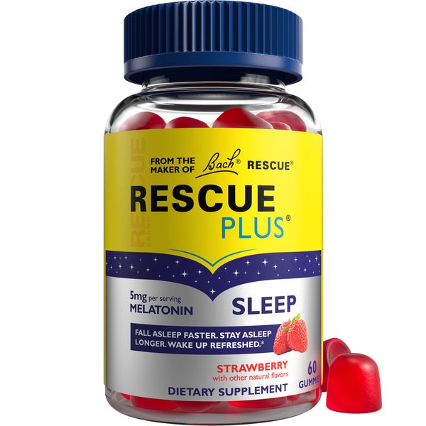 Bach RESCUE PLUS Melatonin Sleep Gummies, Natural Strawberry Flavor, Sleep Aid, Dietary Supplement, Vegan, Gluten-Free, No Artificial Flavors, Colors, 60 Count