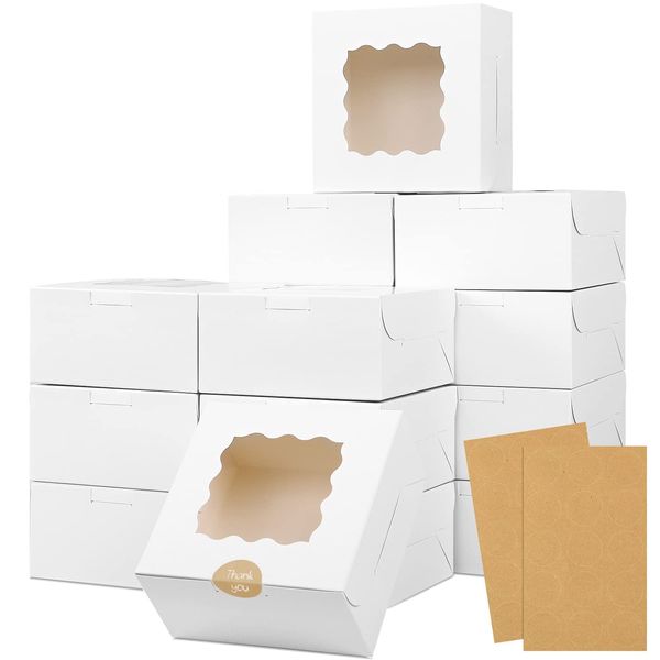 Moretoes 30pcs Bakery Boxes 6x6x3 Inches Cookie Box with Window for Valentines Day White Treat Boxes for Small Pie, Chocolate Covered Strawberries, Cupcake and Pastry