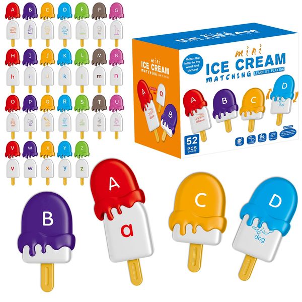 WTFIC 52PCS Ice-Lolly Alphabet Learning Toys for Toddlers 2-4, Montessori Educational Toys Gifts for 2 3 4 Year Old Boy Girl, ABC Matching Game, Preschool Activities Fine Motor Toys for Kids