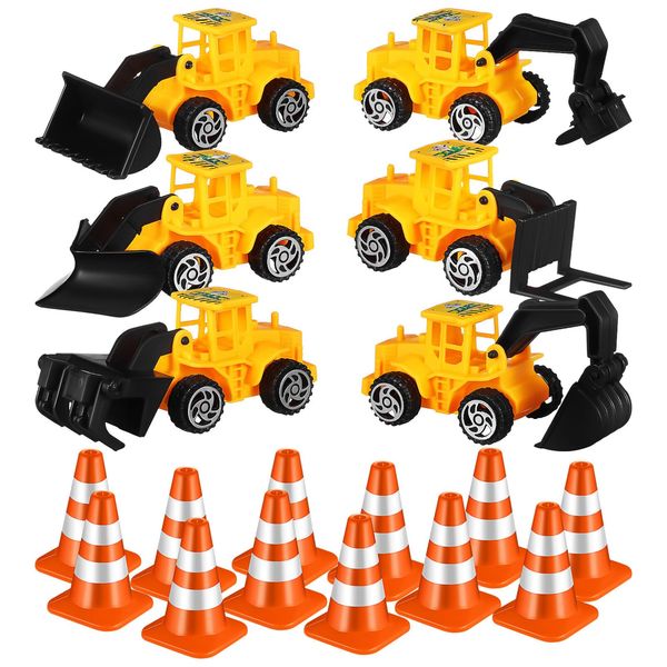 TOYANDONA Construction Toys, 12pcs Mini Traffic Cones 6pcs Toy Construction Vehicles Small Construction Car Truck Excavator Toys for Kids Sandbox Toys Construction Cake Topper