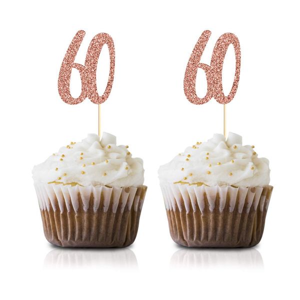 Rose Gold 60th Birthday Cupcake Topper, 24-Pack Number 60 Glitter Happy Birthday Party Cupcake Toppers, Decorations