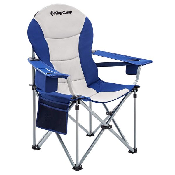 KingCamp Lumbar Back Padded Oversized Folding Camping Chair with Cooler Bag Armrest and Cup Holder, Heavy Duty Supports 350 Lbs for Fishing Sports Picnic, Navy/Grey