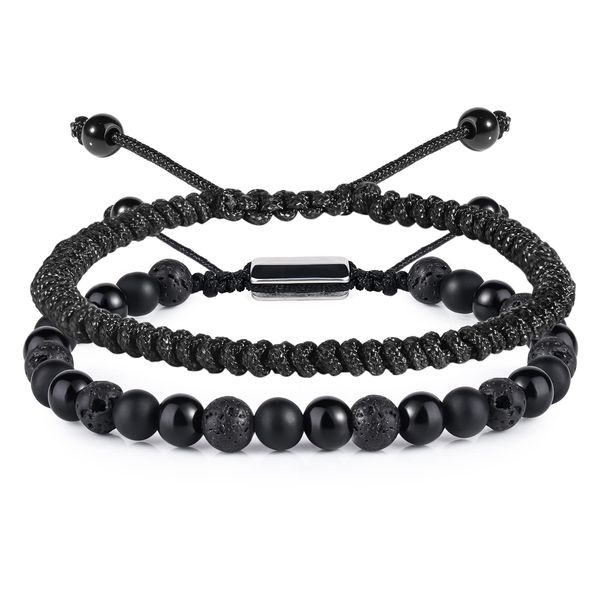 CARITATE Black Beaded Bracelets for Men Boys - 6mm Obsidian Onyx Lava Beads Mens Bracelet Set for Couples - Fathers Day Gifts Birthday Gifts Mens Jewelry for Boyfriend Husband Him