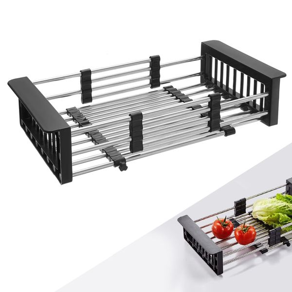 Sieb für Spülbecken, Sieb Küche ausziehbar, Dish Drainer,Abtropfsieb Sieb Spülbecken Küchensieb,Ideal für Nudeln, Obst und Gemüse, Haltbar, Praktisch und Leicht zu Reinigen (Edelstahl schwarz)