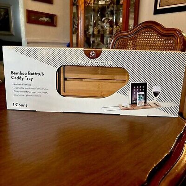 Expandable Bamboo Bathtub Caddy Tray for a Spa Relaxing Bath Gift Ready NIB